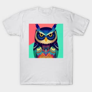 Colorful Owl Portrait Illustration - Bright Vibrant Colors Bohemian Style Feathers Psychedelic Bird Animal Rainbow Colored Art T-Shirt